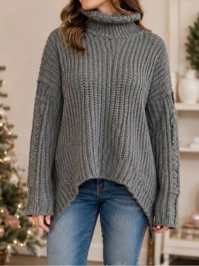 POL Oversized Distressed Chenille Knit Sweater Gray Mock Neck Boho size Large